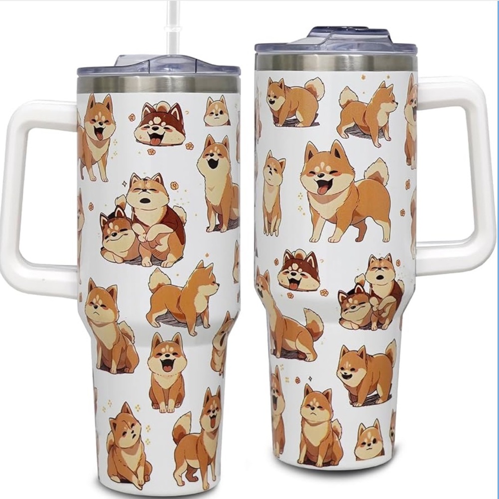 Shiba Inu Dog Print 40 oz White Stainless Steel Tumbler Mug with Lid and Handle